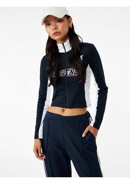 Dik Yaka Baskılı Renk Bloklu Slim Fit Fermuarlı Uzun Kollu Tişört