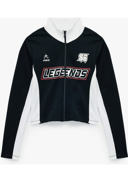 Dik Yaka Baskılı Renk Bloklu Slim Fit Fermuarlı Uzun Kollu Tişört modelleri