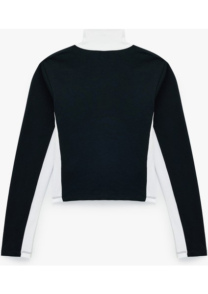 Dik Yaka Baskılı Renk Bloklu Slim Fit Fermuarlı Uzun Kollu Tişört fırsatları