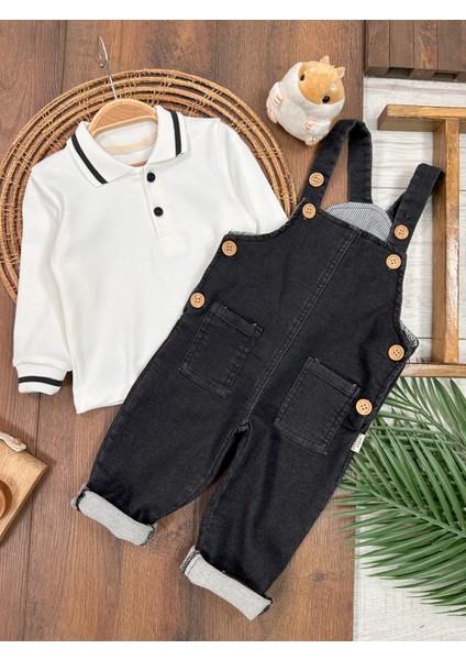 Salopet Likralı Kot Polo Yaka Sweatshirt Düğmeli Salopet Erkek Bebek Takım