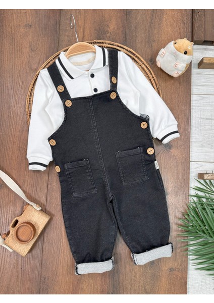 Salopet Likralı Kot Polo Yaka Sweatshirt Düğmeli Salopet Erkek Bebek Takım modelleri