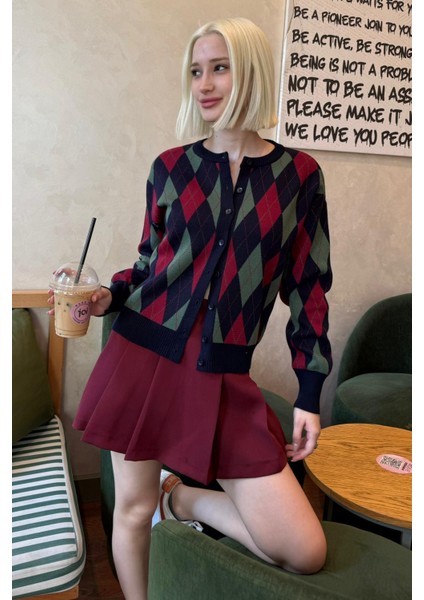 Lacivert Baklava Desenli Bisiklet Yaka Kadın Hırka MG2496