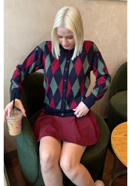 Lacivert Baklava Desenli Bisiklet Yaka Kadın Hırka MG2496 fiyatları