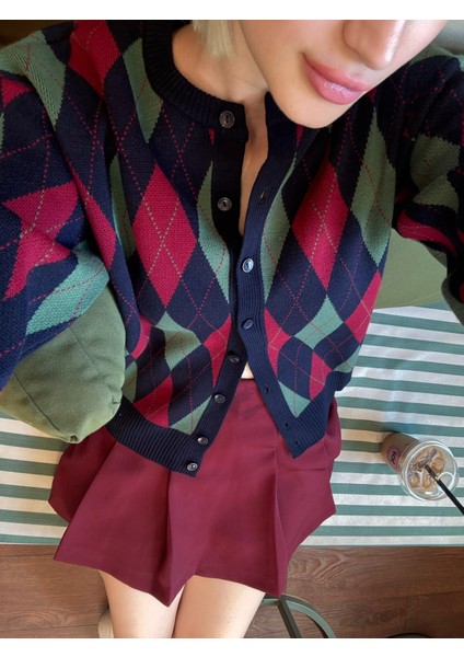 Lacivert Baklava Desenli Bisiklet Yaka Kadın Hırka MG2496 fırsatları