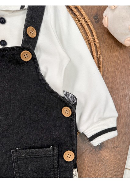 Salopet Likralı Kot Polo Yaka Sweatshirt Düğmeli Salopet Erkek Bebek Takım