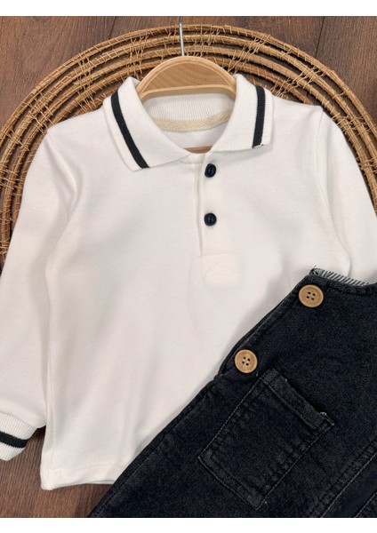 Salopet Likralı Kot Polo Yaka Sweatshirt Düğmeli Salopet Erkek Bebek Takım