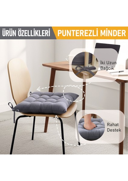 Sandalye Minderi, Punterez Puntolu Silikon Elyaf Dolgulu, Bağcıklı Puf Minder 42X42X6 cm - Gri