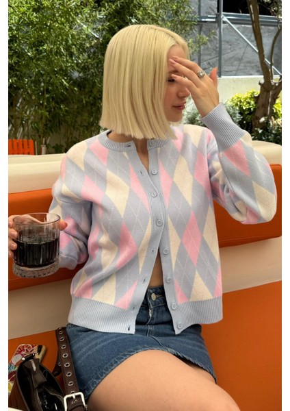 Mavi Baklava Desenli Bisiklet Yaka Kadın Hırka MG2496