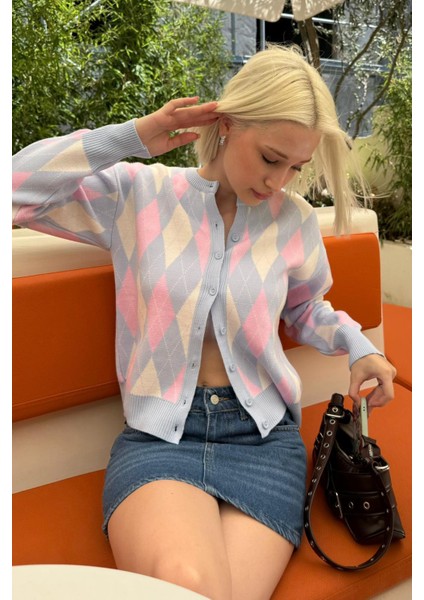 Mavi Baklava Desenli Bisiklet Yaka Kadın Hırka MG2496 fırsatları