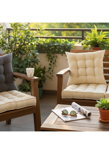 Sandalye Minderi, Çift Kenarlı, Taşıma Kulplu, Puntolu Elyaf Dolgulu Minder 42X42X6 cm - Bej