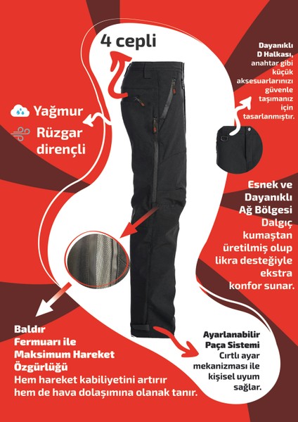 Su ve Rüzgar Geçirmez Cepli Softshell Pantolon