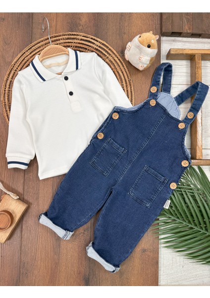 Salopet Likralı Kot Polo Yaka Sweatshirt Düğmeli Salopet Erkek Bebek Takım