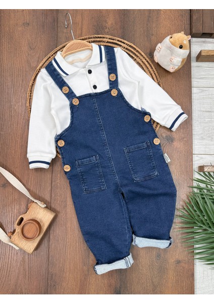 Salopet Likralı Kot Polo Yaka Sweatshirt Düğmeli Salopet Erkek Bebek Takım modelleri