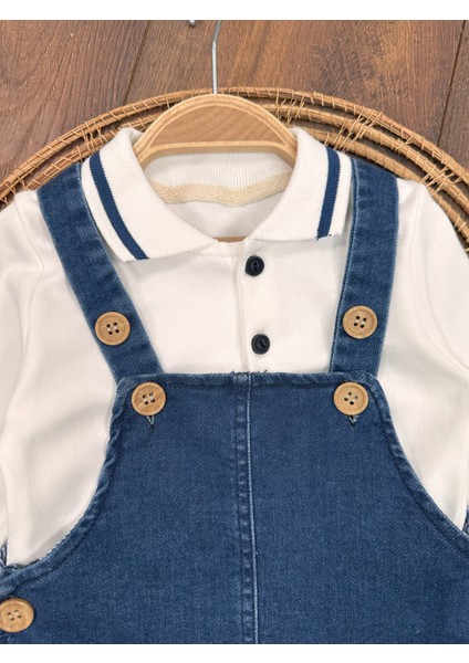 Salopet Likralı Kot Polo Yaka Sweatshirt Düğmeli Salopet Erkek Bebek Takım indirimleri