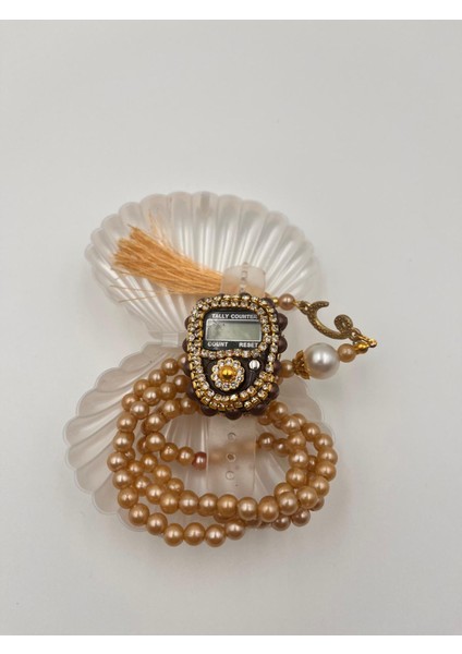 Istiridye Kutu Içerisinde Gold Renk Taşlı Zikirmatik ve Inci Tesbih