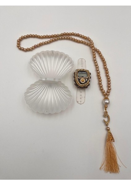 Istiridye Kutu Içerisinde Gold Renk Taşlı Zikirmatik ve Inci Tesbih fiyatları