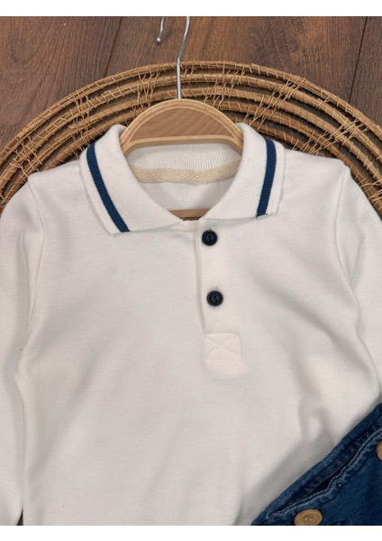 Salopet Likralı Kot Polo Yaka Sweatshirt Düğmeli Salopet Erkek Bebek Takım