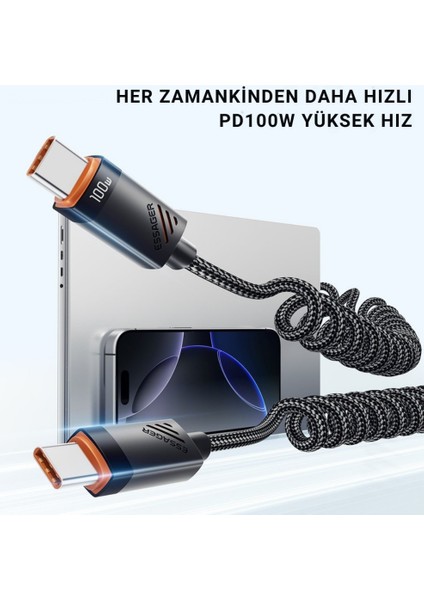 Pd 100W Type-C To Type-C 1.8m Yaylı Spiral Data ve Hızlı Şarj Kablosu, Kopmaz, Karışmaz Kablo fırsatları