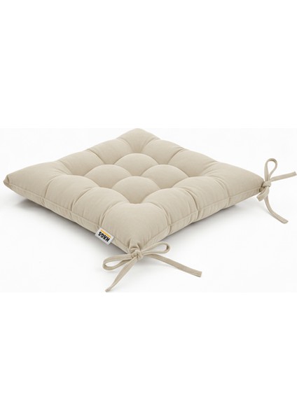 Sandalye Minderi, Punterez Puntolu Silikon Elyaf Dolgulu, Bağcıklı Puf Minder 42X42X6 cm - Bej
