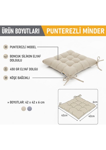 Sandalye Minderi, Punterez Puntolu Silikon Elyaf Dolgulu, Bağcıklı Puf Minder 42X42X6 cm - Bej fiyatları