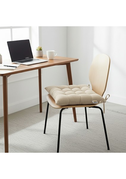 Sandalye Minderi, Punterez Puntolu Silikon Elyaf Dolgulu, Bağcıklı Puf Minder 42X42X6 cm - Bej modelleri