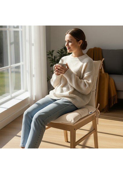 Sandalye Minderi, Punterez Puntolu Silikon Elyaf Dolgulu, Bağcıklı Puf Minder 42X42X6 cm - Bej fırsatları