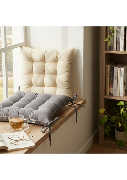 Sandalye Minderi, Punterez Puntolu Silikon Elyaf Dolgulu, Bağcıklı Puf Minder 42X42X6 cm - Bej