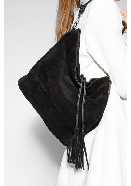 Kadın Hakiki Deri Püsküllü El ve Omuz Çantası Olven Siyah Süet fırsatları