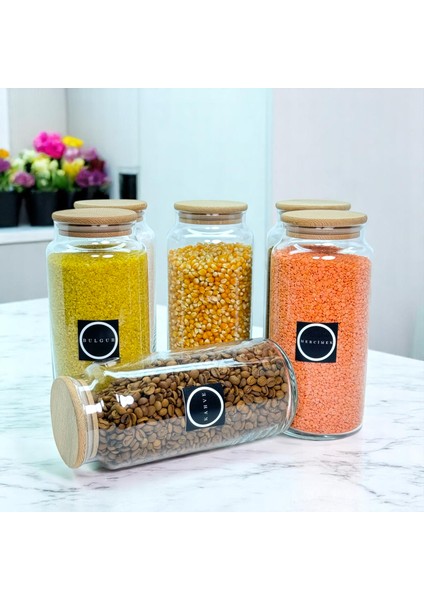 6'lı Ahşap Vakum Kapaklı 1400 Cam Bakliyat Erzak Saklama Seti Etiket Hediyeli