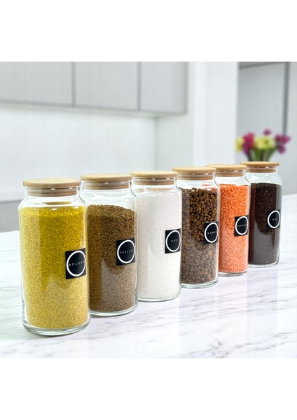 6'lı Ahşap Vakum Kapaklı 1400 Cam Bakliyat Erzak Saklama Seti Etiket Hediyeli modelleri