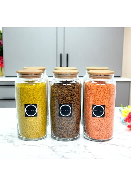 6'lı Ahşap Vakum Kapaklı 1400 Cam Bakliyat Erzak Saklama Seti Etiket Hediyeli indirimleri