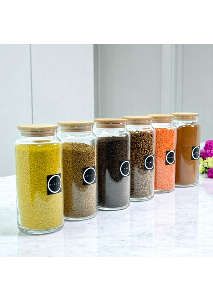 6'lı Ahşap Vakum Kapaklı 1400 Cam Bakliyat Erzak Saklama Seti Etiket Hediyeli