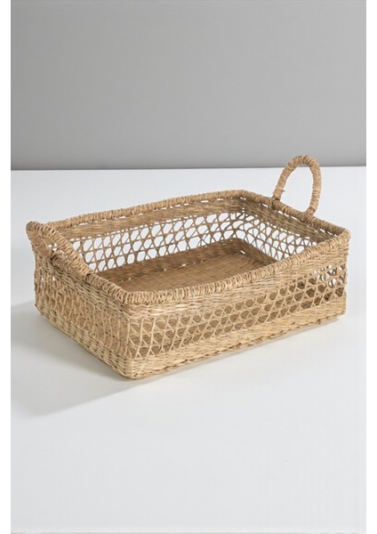 Doğal Rattan Dikdörtgen Sepet, El Yapımı, Çift Kulplu, Açık Örgü Çok Amaçlı Düzenleyici, 35 cm