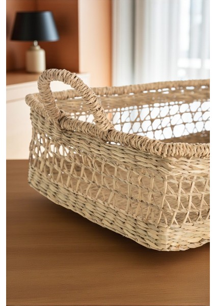 Doğal Rattan Dikdörtgen Sepet, El Yapımı, Çift Kulplu, Açık Örgü Çok Amaçlı Düzenleyici, 35 cm modelleri
