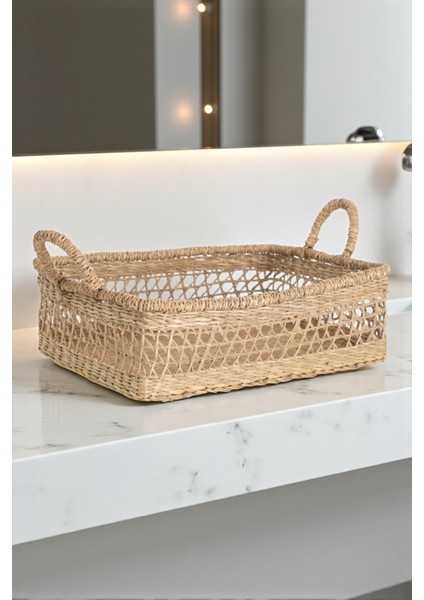 Doğal Rattan Dikdörtgen Sepet, El Yapımı, Çift Kulplu, Açık Örgü Çok Amaçlı Düzenleyici, 35 cm fırsatları