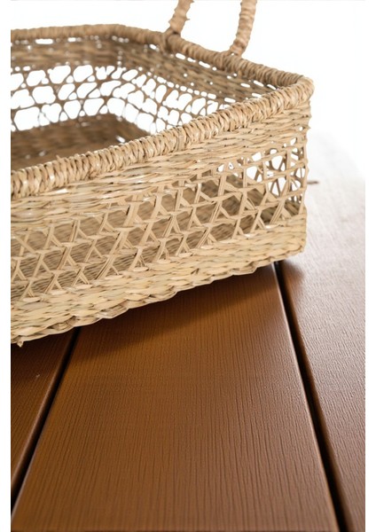Doğal Rattan Dikdörtgen Sepet, El Yapımı, Çift Kulplu, Açık Örgü Çok Amaçlı Düzenleyici, 35 cm