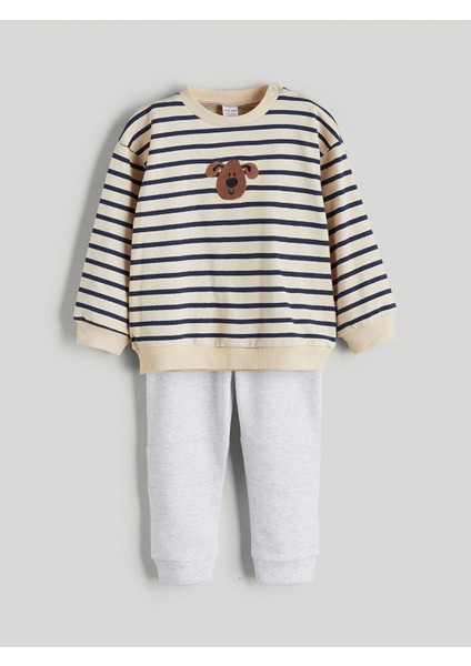 Lcw Baby Bej Bisiklet Yaka Çizgili Erkek Bebek Sweatshirt ve Eşofman Alt 2'li