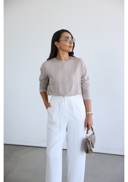 Kendinen Şeritli Uzun Kollu Bluz