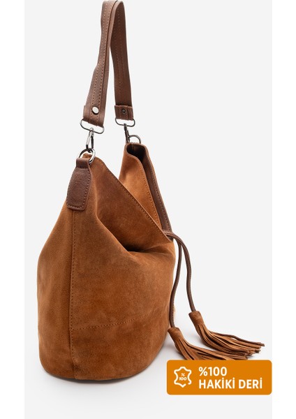 Kadın Hakiki Deri Püsküllü El ve Omuz Çantası Olven Taba Süet