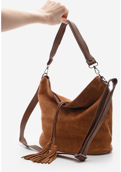 Kadın Hakiki Deri Püsküllü El ve Omuz Çantası Olven Taba Süet modelleri