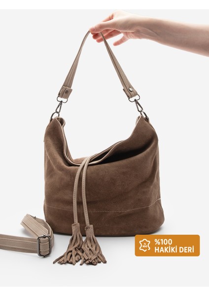 Kadın Hakiki Deri Püsküllü El ve Omuz Çantası Olven