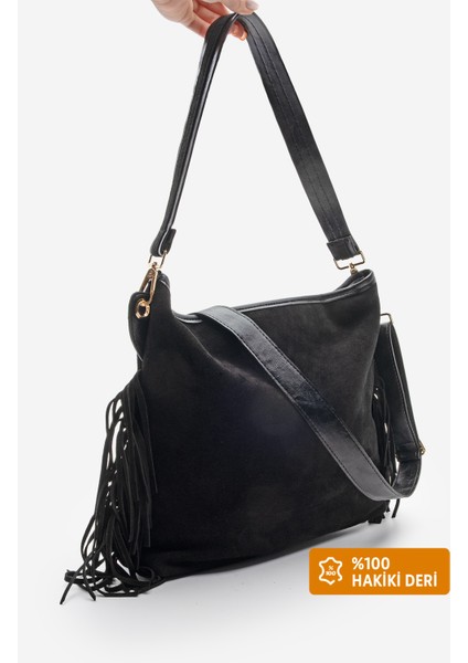 Kadın Hakiki Deri Püskül Detaylı El ve Omuz Çantası Soliga