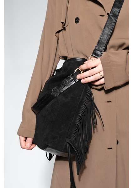 Kadın Hakiki Deri Püskül Detaylı El ve Omuz Çantası Soliga