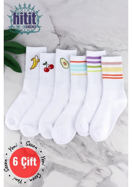 Kadın 6 Çift Premium Kalite Renkli Çizgili ve Meyve Desenli Nefes Alabilen Tenis Çorabı