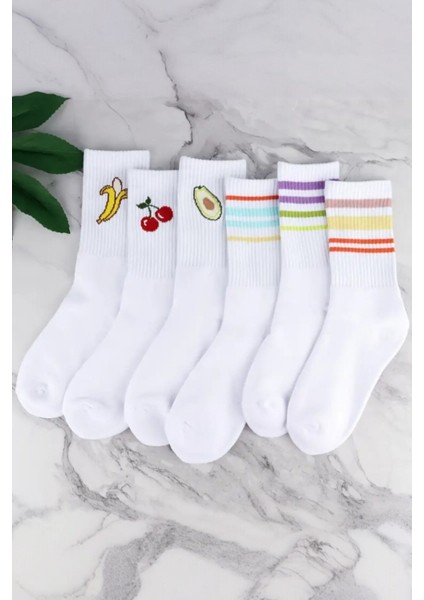 Kadın 6 Çift Premium Kalite Renkli Çizgili ve Meyve Desenli Nefes Alabilen Tenis Çorabı fırsatları