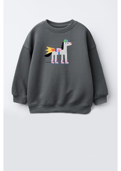 Unisex Çocuk Baskılı 3 Iplik Kumaş Pamuklu Sweatshirt