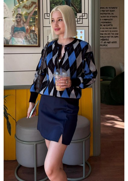 Siyah Baklava Desenli Bisiklet Yaka Kadın Hırka MG2496 indirimleri