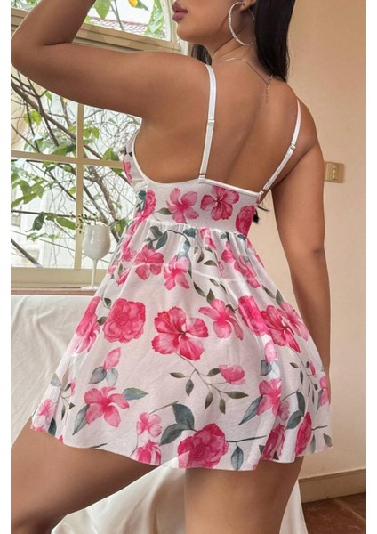 Pembe Çiçek Desenli Dantel Detaylı Gecelik 15706
