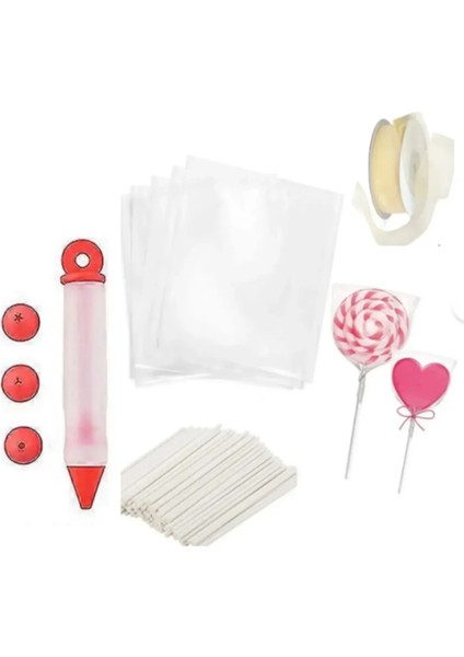 Lolipop Kek Cakepops Yapım Seti 202LI Cake Pops Poşet Lolipop Çubuğu Kurdele Pasta Dekor Yazı Kalemi