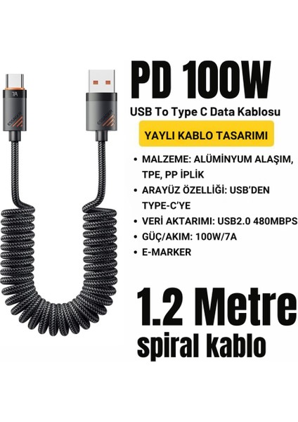 Pd 100W 7A USB To Type-C 1.2m Yaylı Spiral Data ve Hızlı Şarj Kablosu, Kopmaz, Karışmaz Kablo